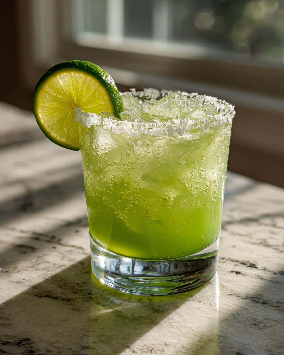 A vibrant best margarita recipe in a salt-rimmed glass with ice and a lime wedge garnish.