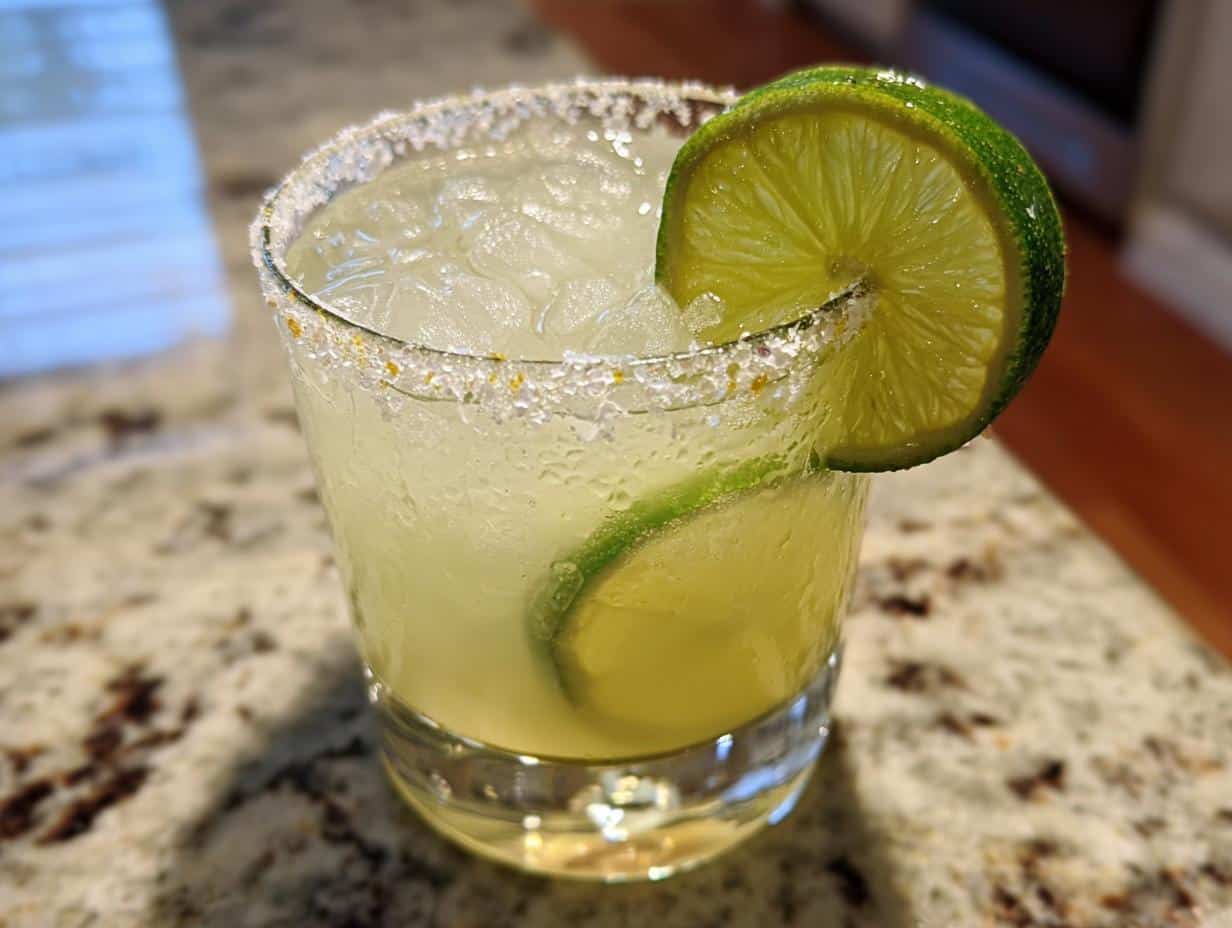 A close-up of the best margarita recipe, featuring a salt-rimmed glass, ice, lime slices, and a refreshing look.