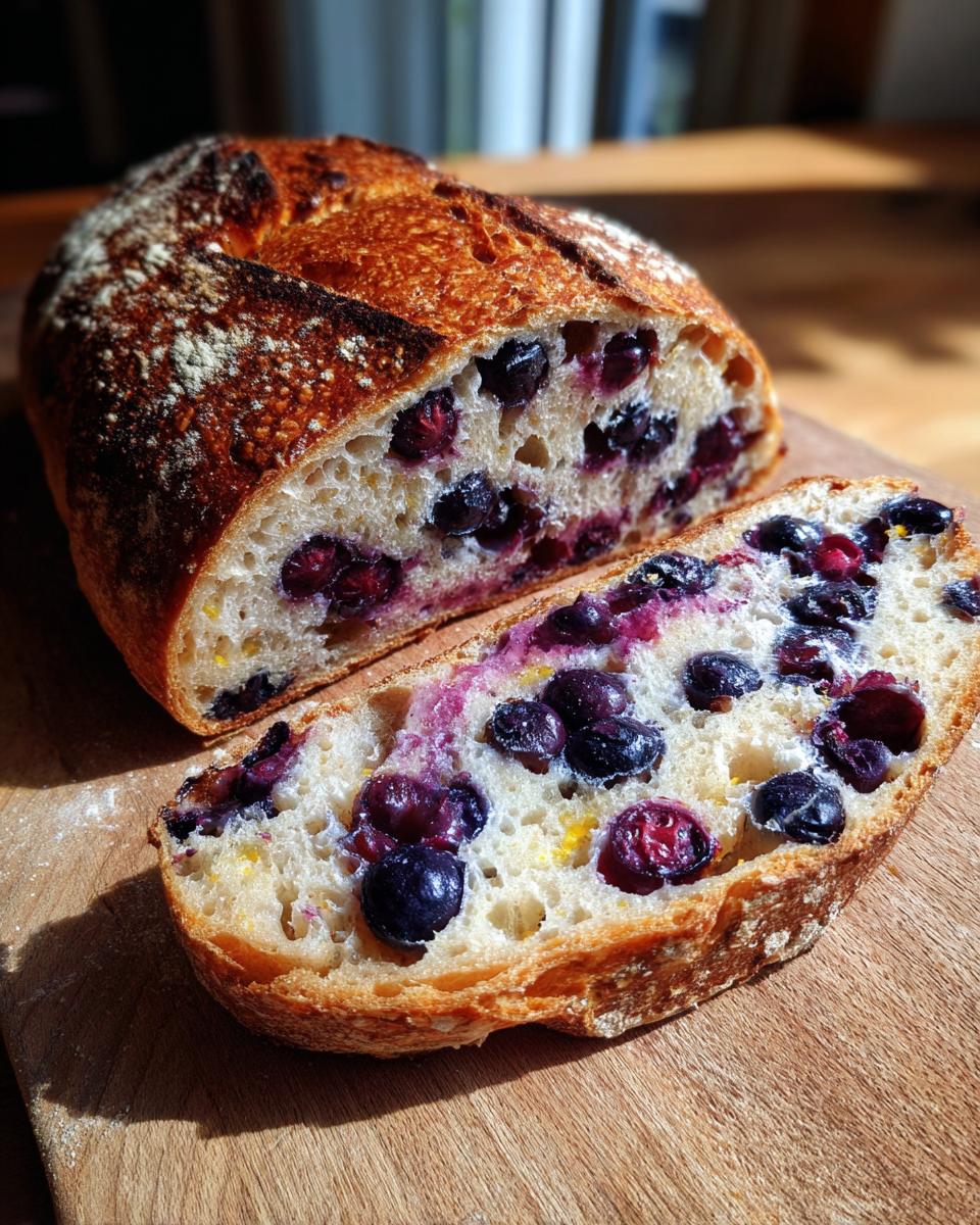 A loaf of blueberry lemon sourdough bread, sliced to show blueberries and lemon zest throughout the crumb.