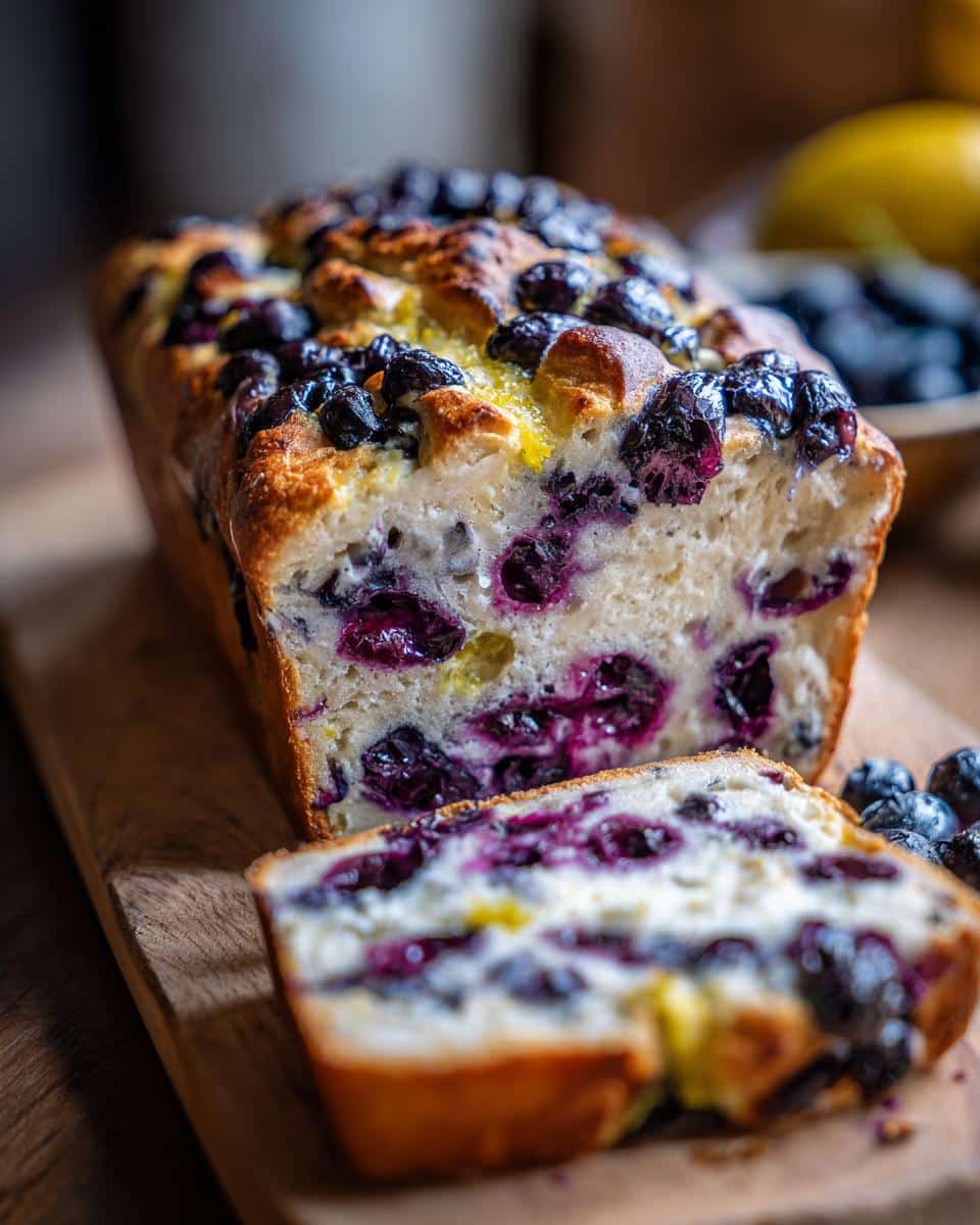 A loaf of blueberry lemon sourdough bread, sliced, showing the blueberries and lemon zest throughout the bread.