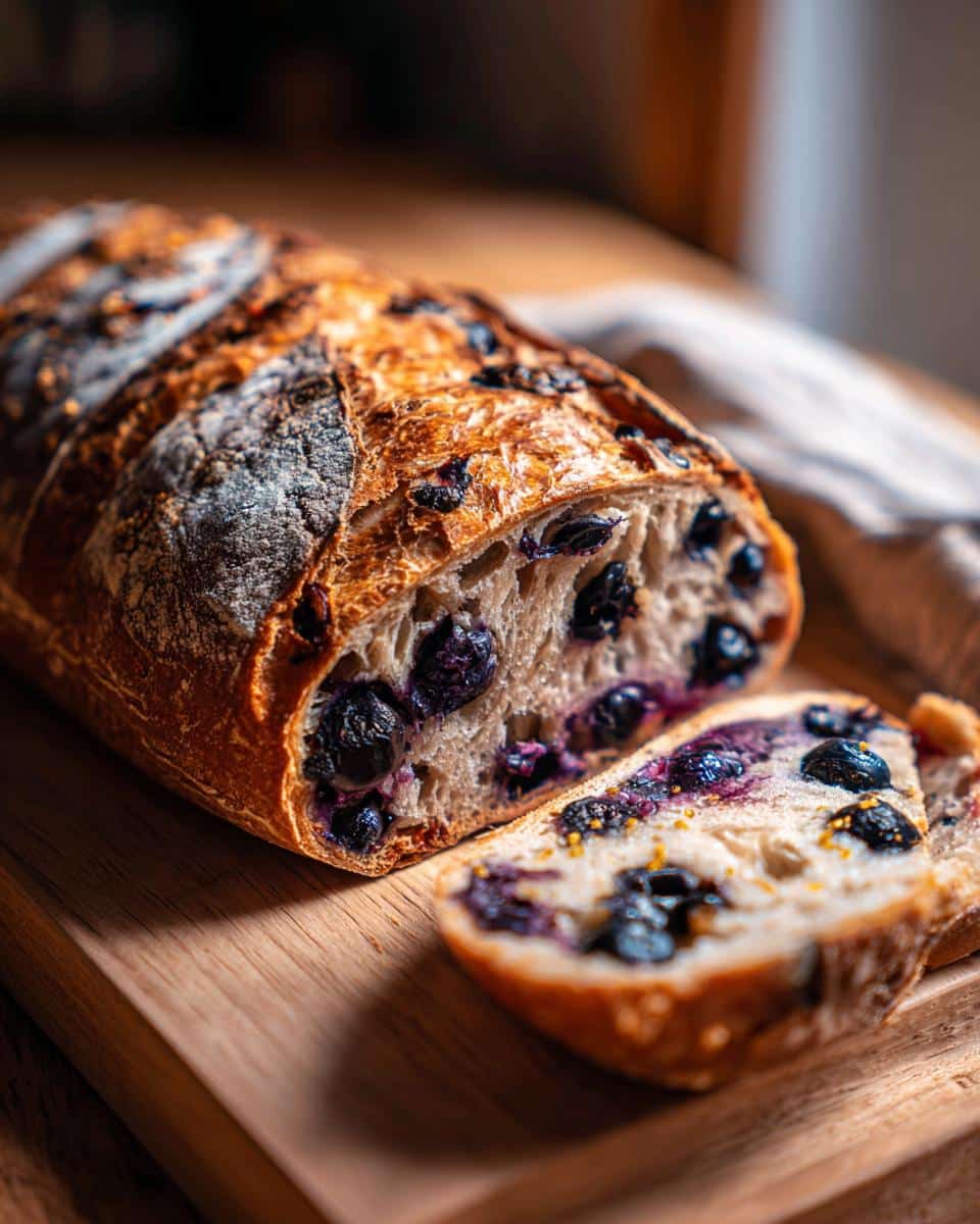 A loaf of blueberry lemon sourdough bread, partially sliced, showing the blueberries within the bread.