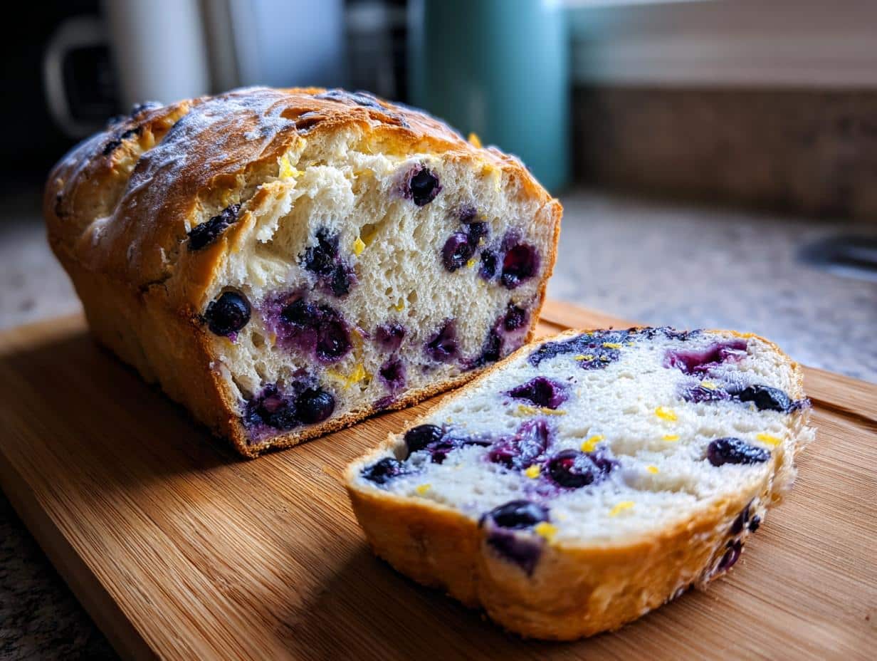 A loaf of blueberry lemon sourdough bread, sliced on a wooden board, showcasing the blueberries and lemon zest.
