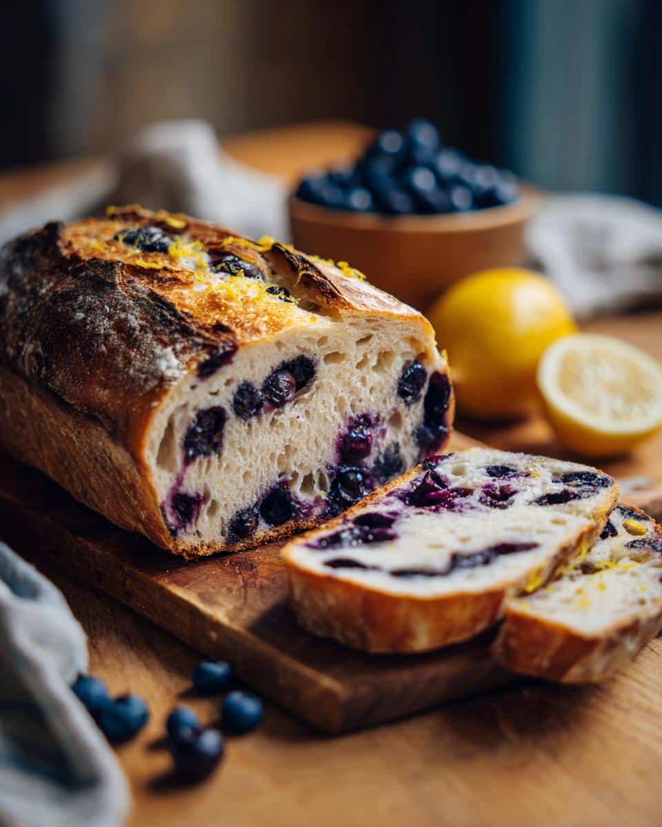 A sliced loaf of blueberry lemon sourdough bread on a wooden board with lemons and blueberries.