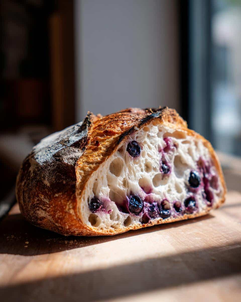 Close-up of a half loaf of blueberry sourdough bread showing the crust and blueberry-studded interior.