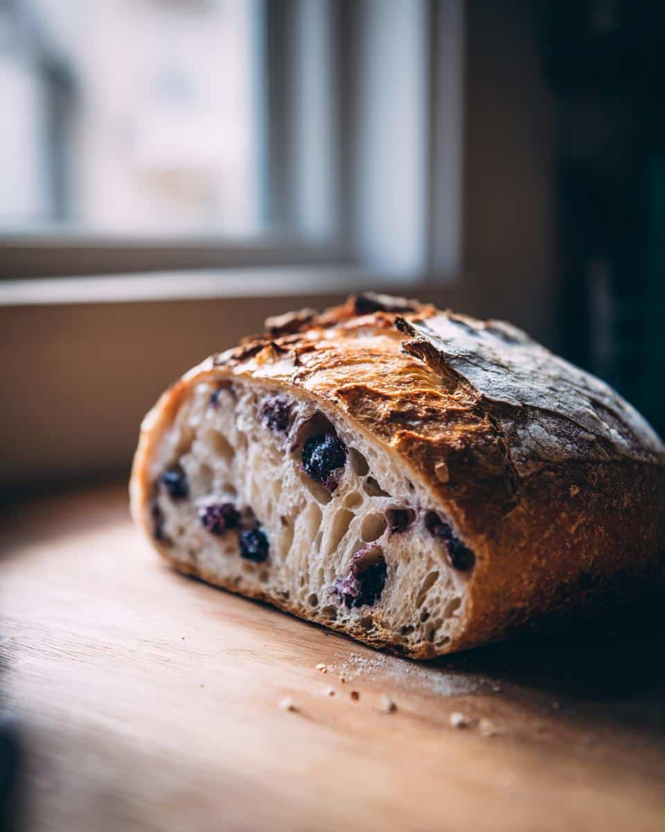 A sliced loaf of blueberry sourdough bread showing the blueberries and airy crumb.