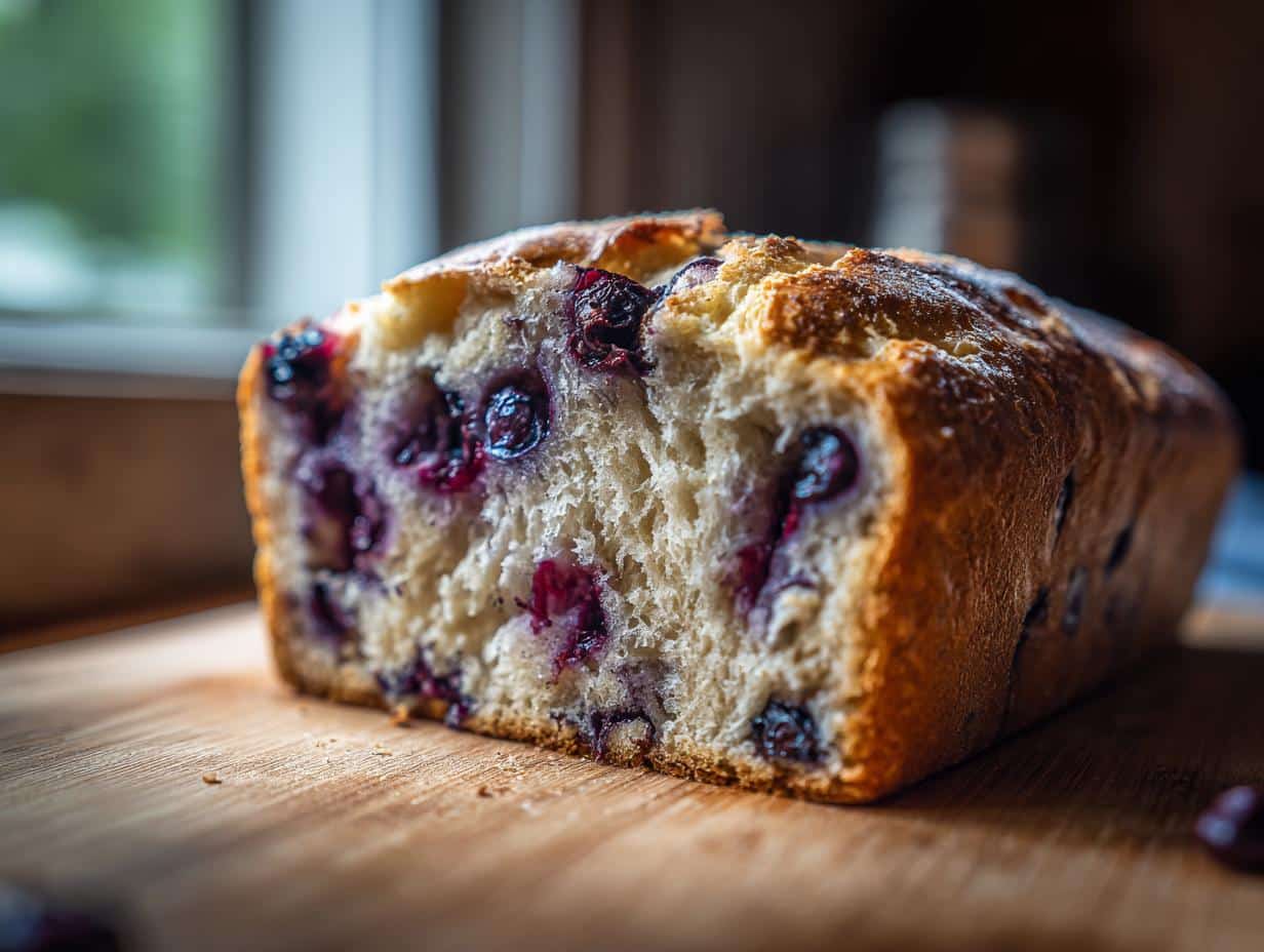 Close-up of a sliced loaf of blueberry sourdough bread, showing the texture and blueberries inside.