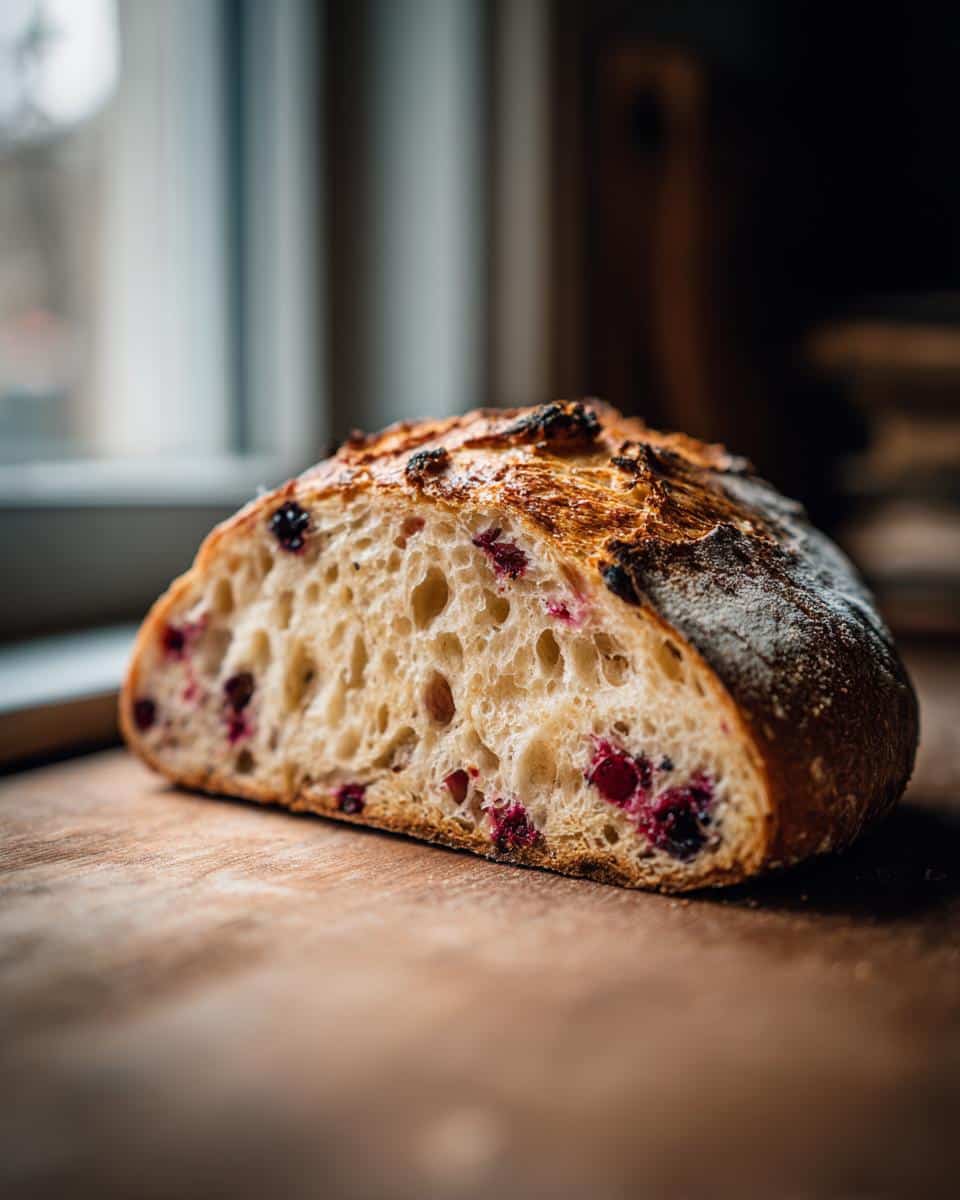 A slice of homemade blueberry sourdough bread with a golden crust and visible blueberries.