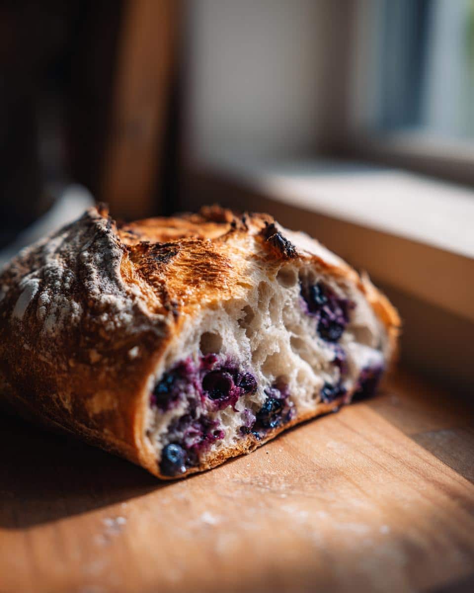 Close-up of a slice of freshly baked blueberry sourdough bread on a wooden board, showcasing the blueberries and airy crumb.