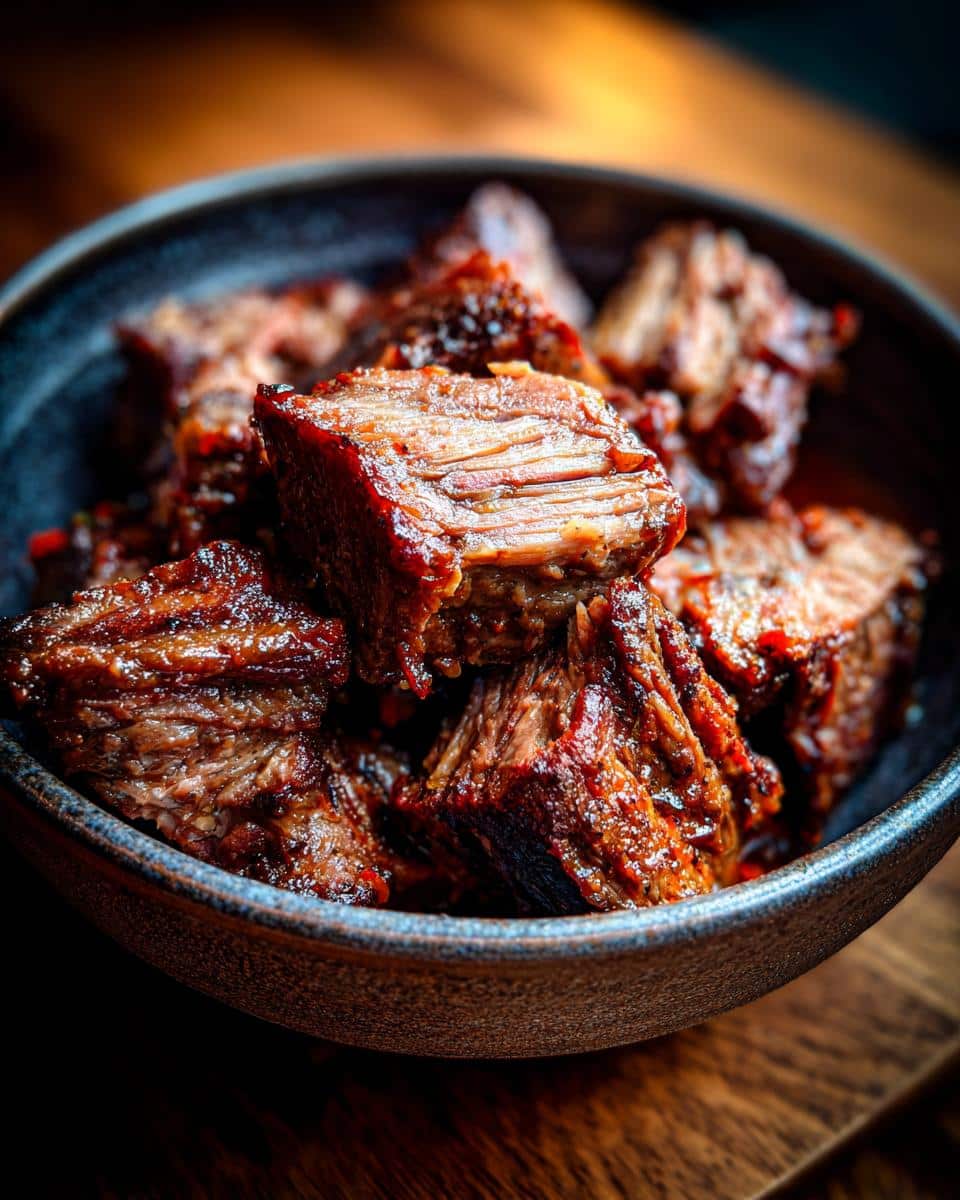 Close-up of bourbon beef bites in a bowl, perfect for a Kentucky Derby party. Tender, flavorful, and ready to serve.