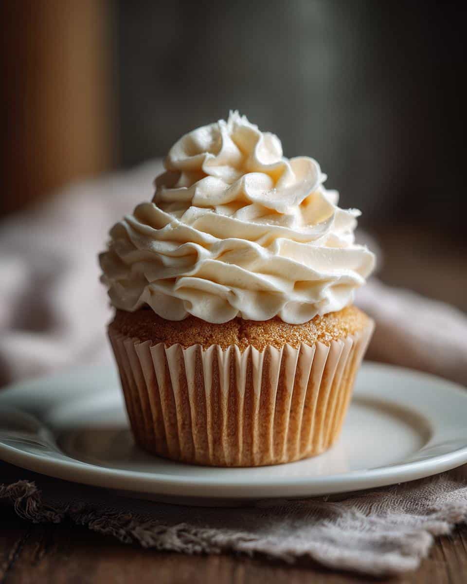 Close-up of a delicious bridal shower cupcake with creamy white frosting on a white plate.