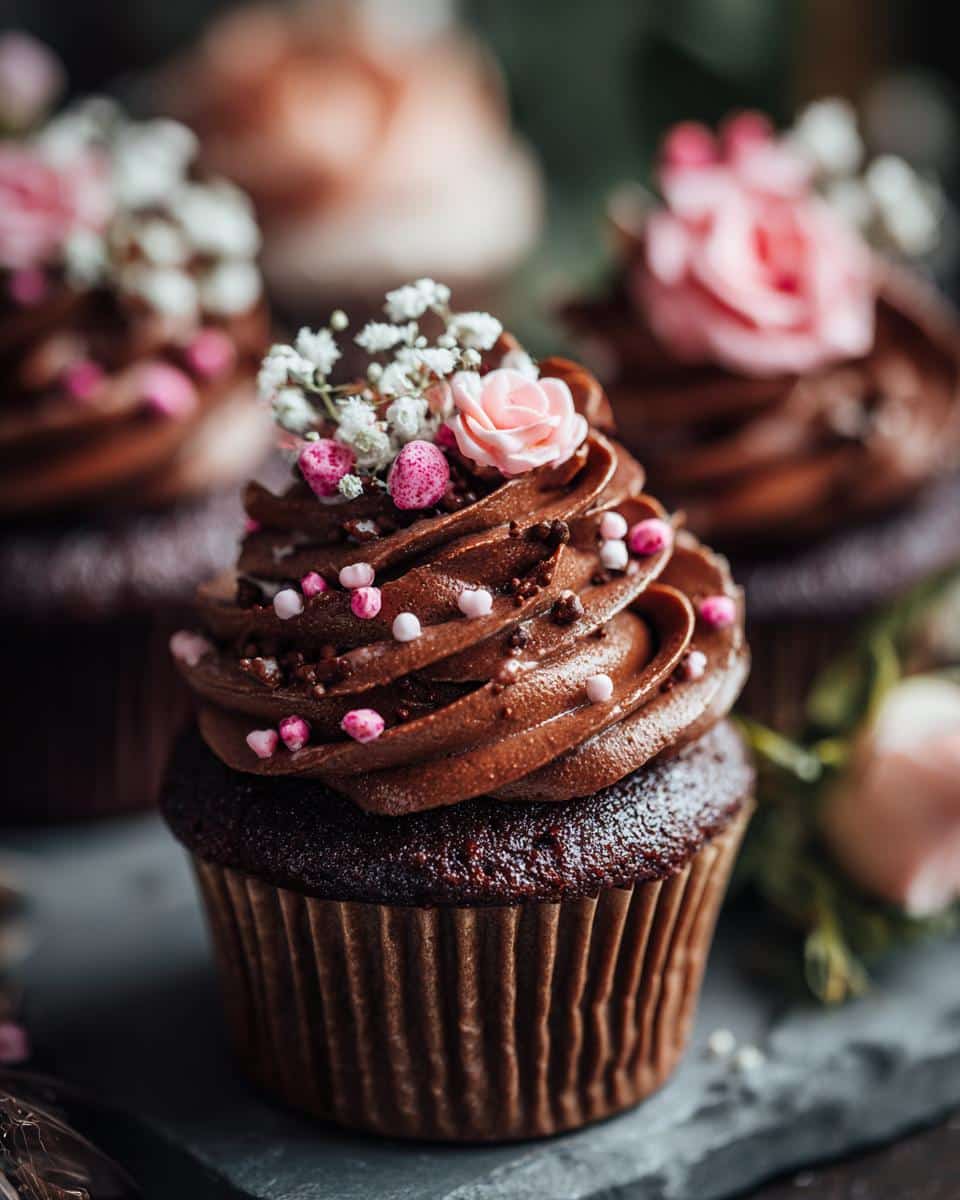 Close-up of a chocolate bridal shower cupcake with chocolate frosting, floral decorations, and pink sprinkles.