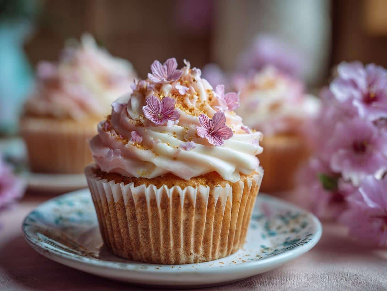 Close-up of a bridal shower cupcake decorated with white and pink frosting, edible flowers, and gold sprinkles.