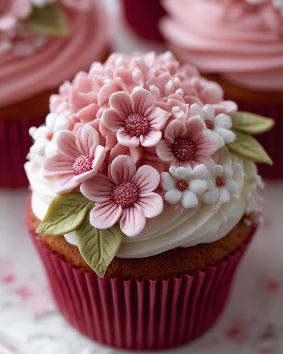 Close-up of a bridal shower cupcake decorated with pink and white sugar flowers and green leaves.