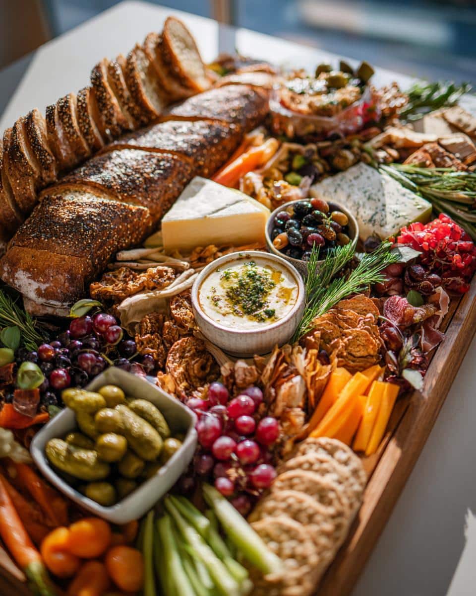 Elaborate charcuterie board featuring sliced bread, cheeses, dips, fruits, and vegetables, perfect bridal shower food.