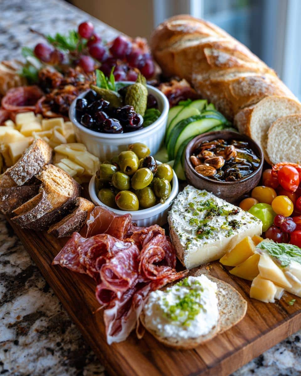 A beautiful charcuterie board featuring bread, cheeses, meats, olives, and grapes, perfect for bridal shower food.