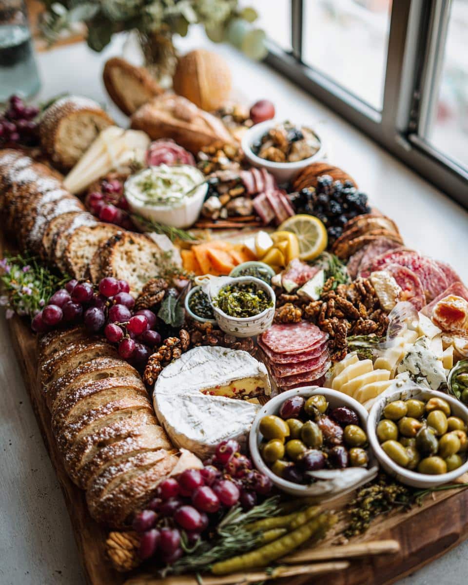 Elaborate charcuterie board featuring bread, cheeses, meats, fruits, and olives, perfect for bridal shower food.