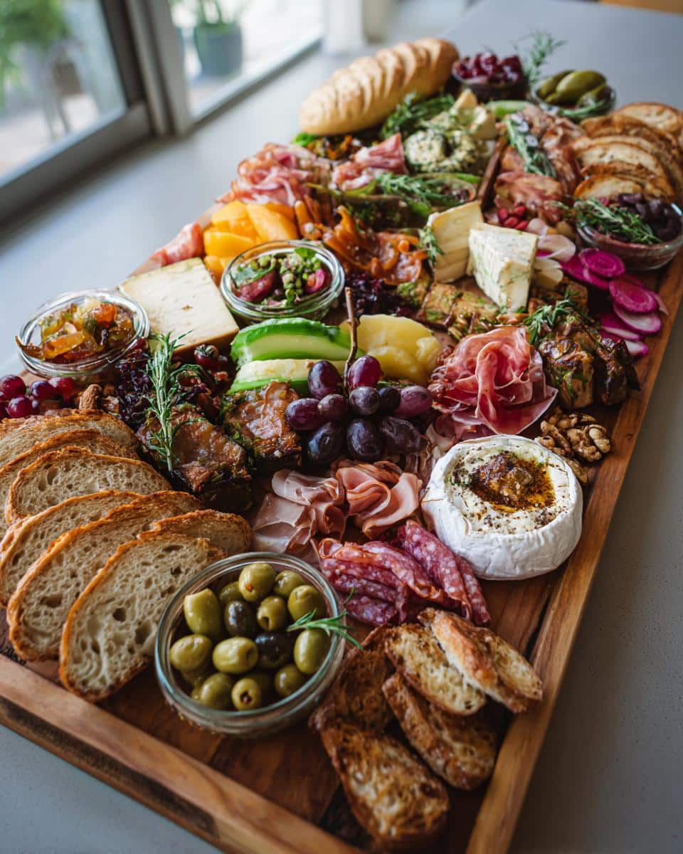 Elaborate charcuterie board featuring bread, cheeses, meats, fruits, and olives, perfect for bridal shower food.