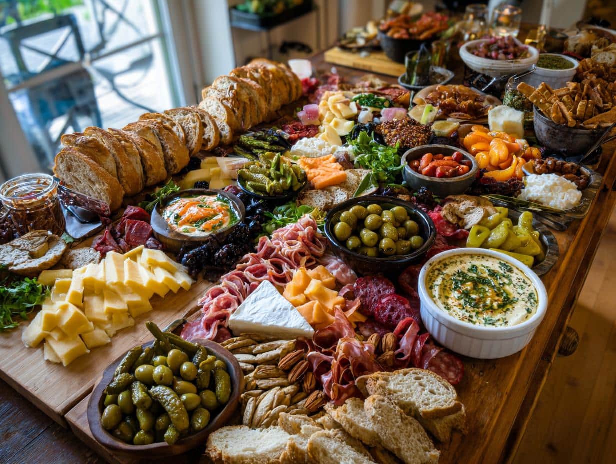 Elaborate charcuterie board with bread, cheeses, meats, dips, and olives, perfect for bridal shower food.