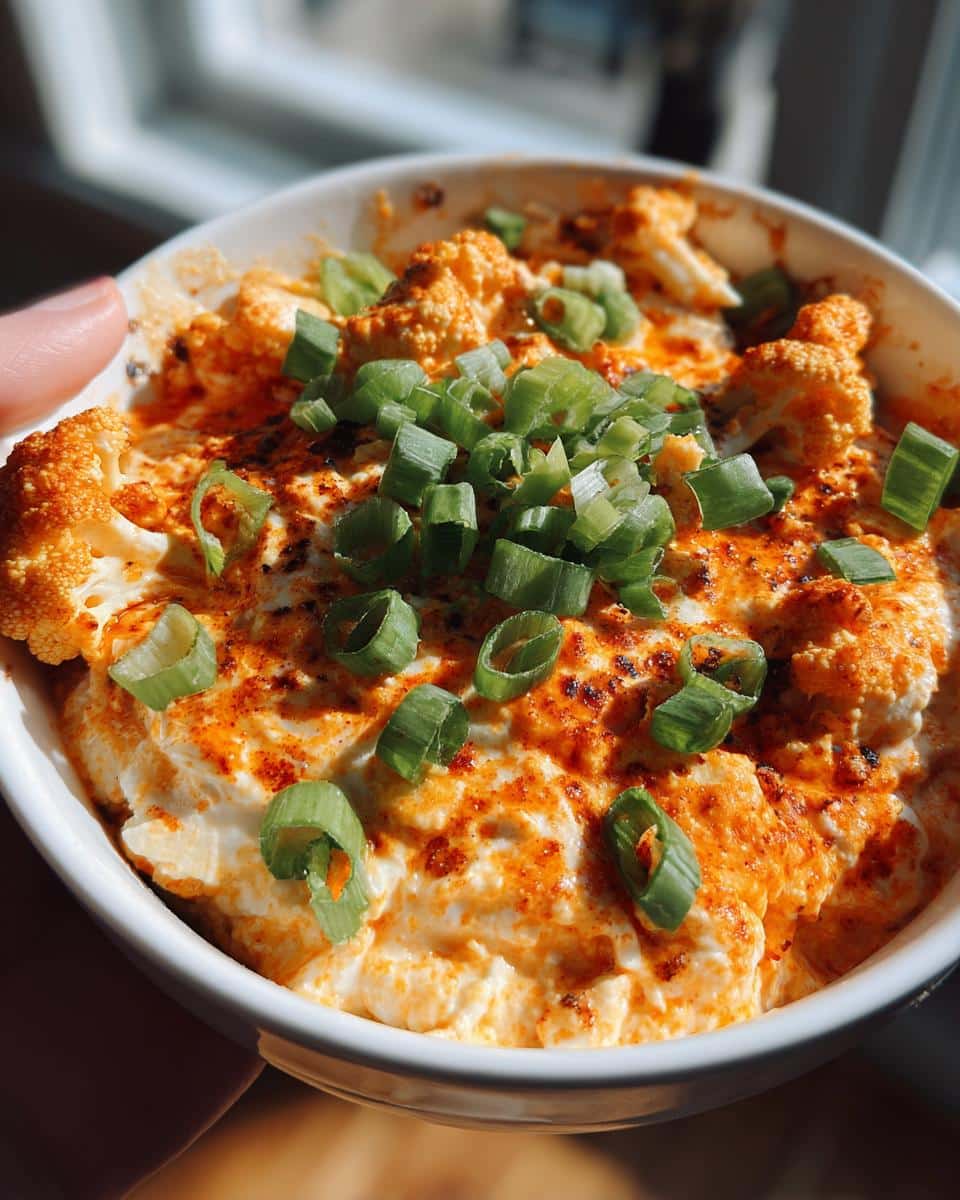 Close-up of Buffalo Cauliflower Dip in a bowl, topped with chopped scallions. Creamy, spicy, and delicious!