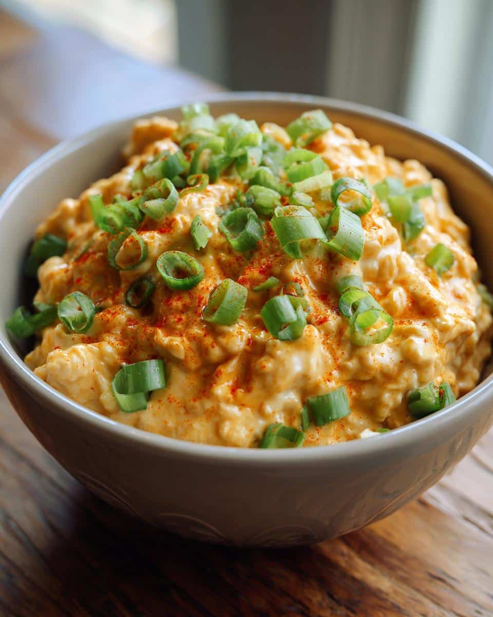 A bowl of creamy Buffalo Cauliflower Dip, garnished with green onions and a sprinkle of paprika.