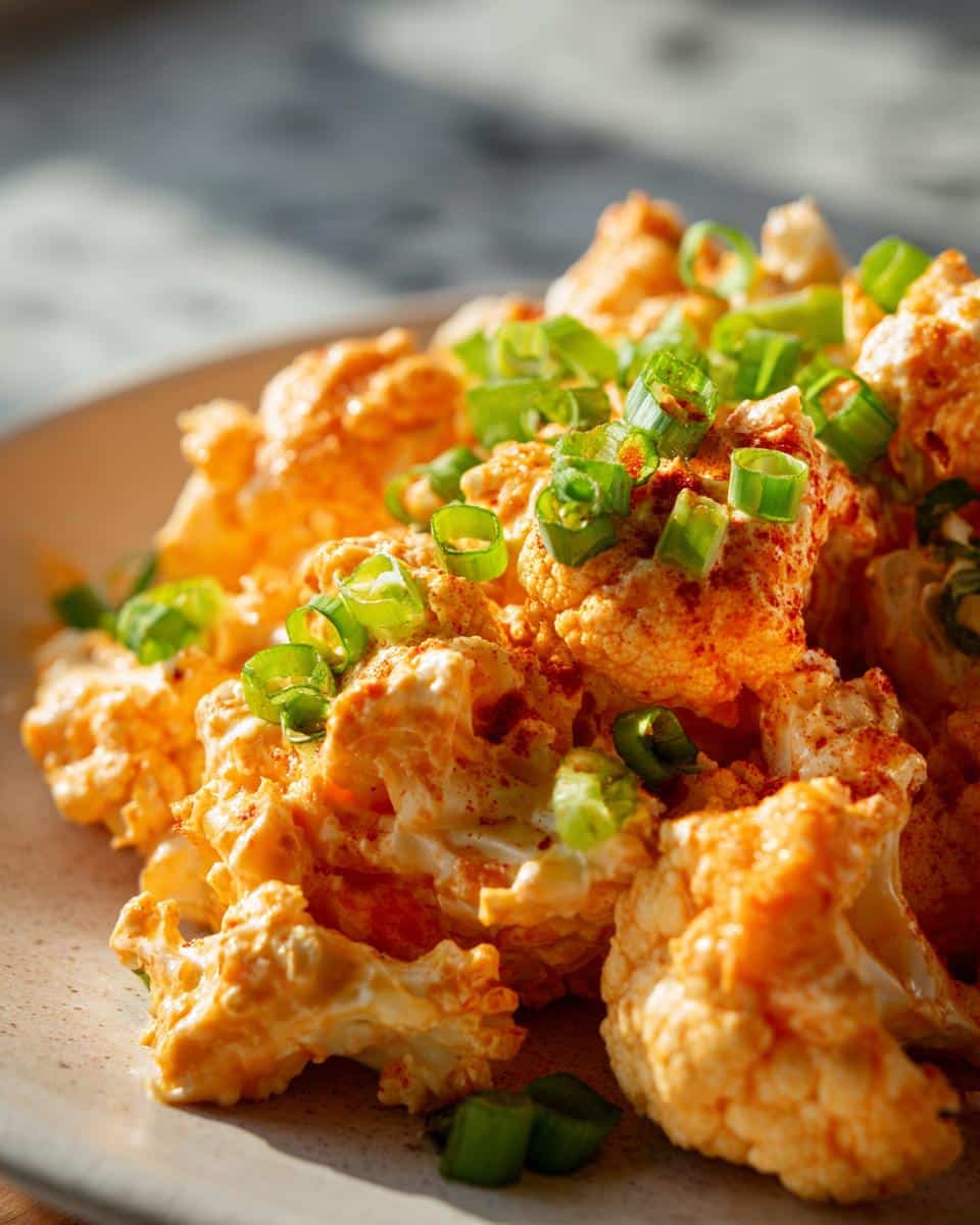 Close-up of Buffalo Cauliflower Dip on a plate, topped with fresh green scallions. 