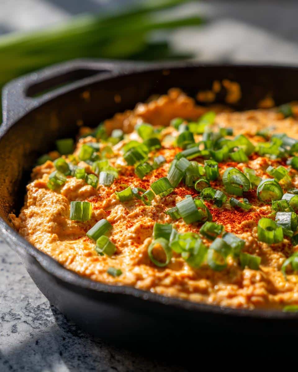 Close-up of Buffalo Cauliflower Dip in a skillet, garnished with green onions and paprika.