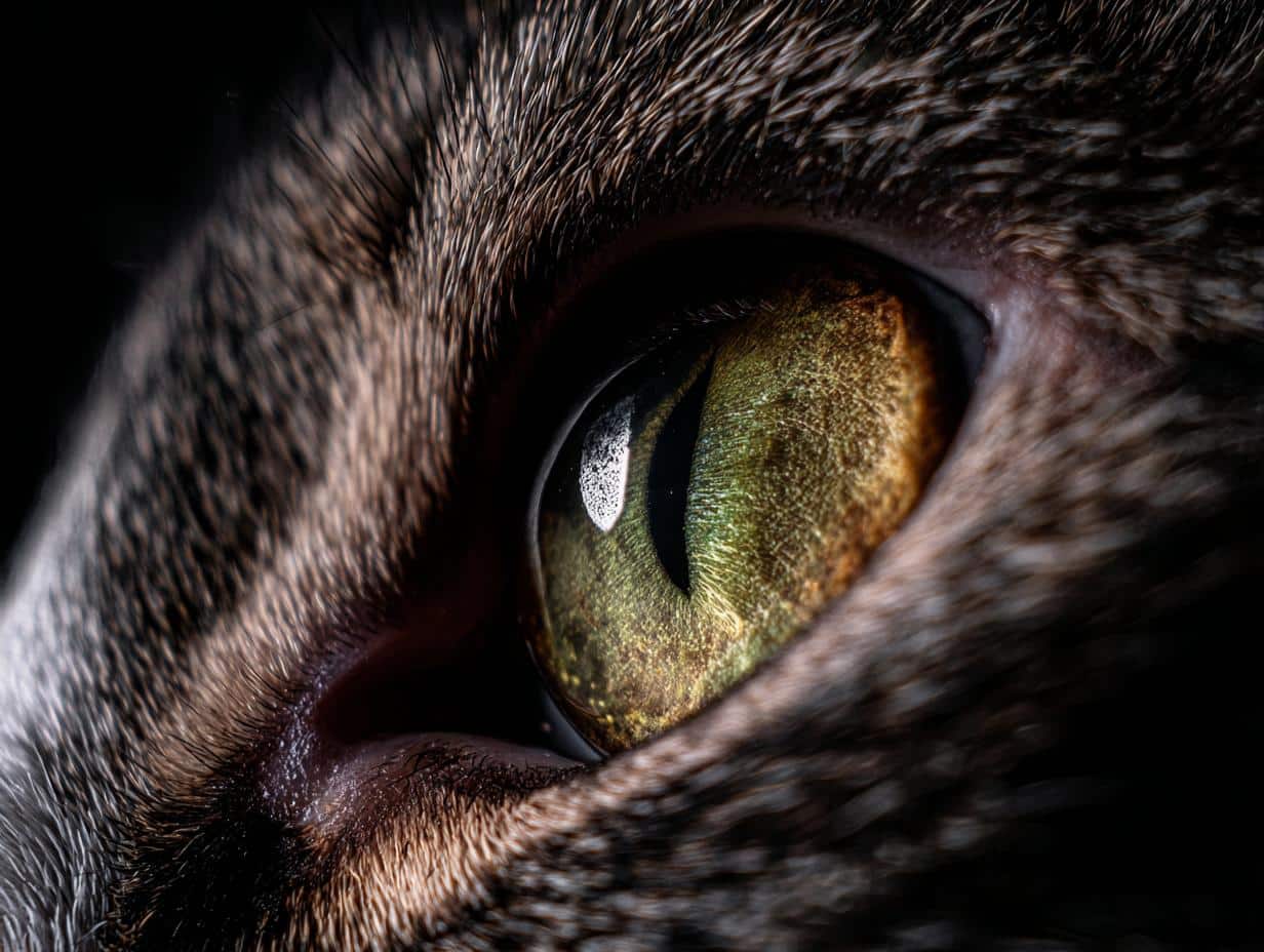Extreme close-up of a cat's eye, showing intricate details of the iris and fur. Not related to baby in bloom cookies.