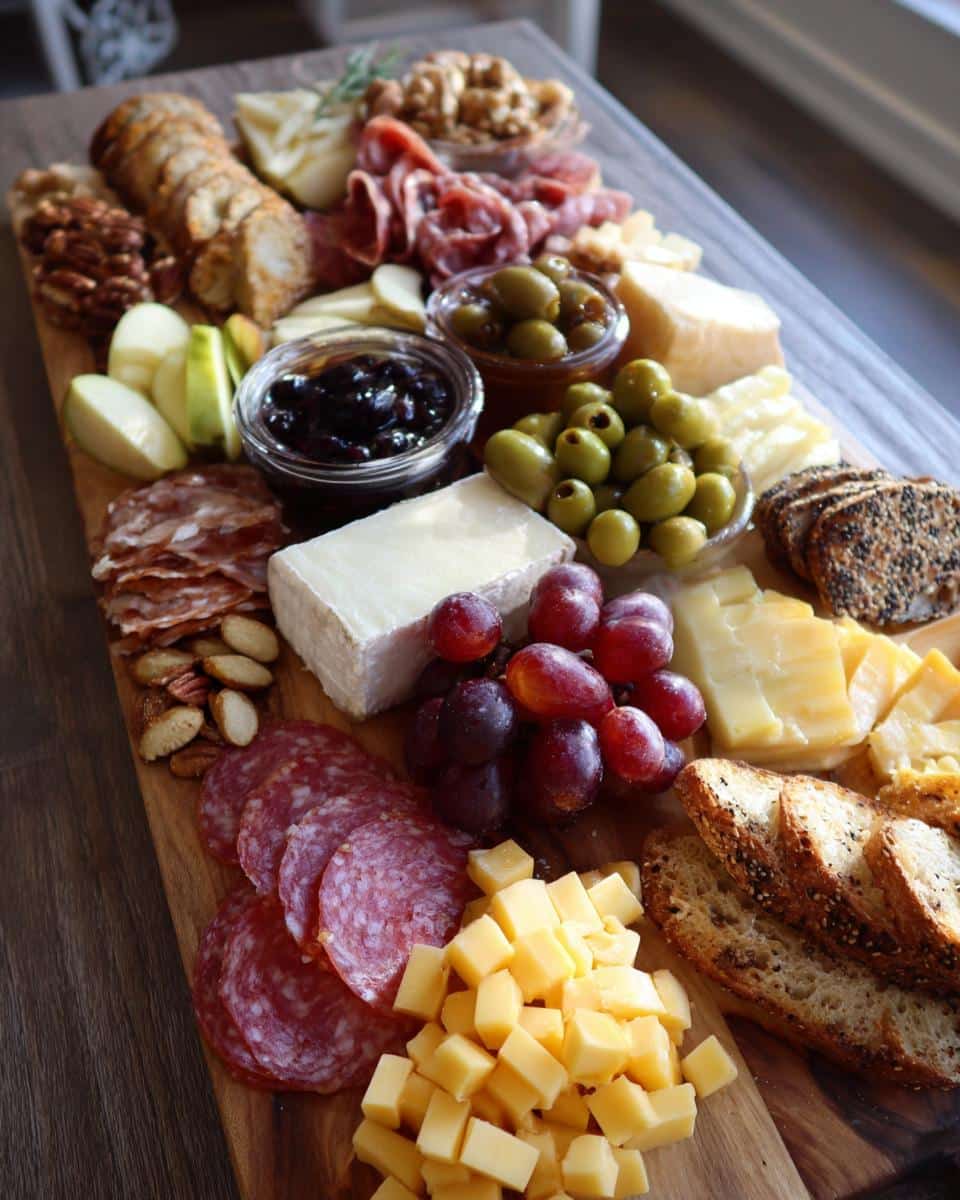 Overhead view of a loaded charcuterie board featuring cheeses, meats, fruits, olives, nuts, and bread.