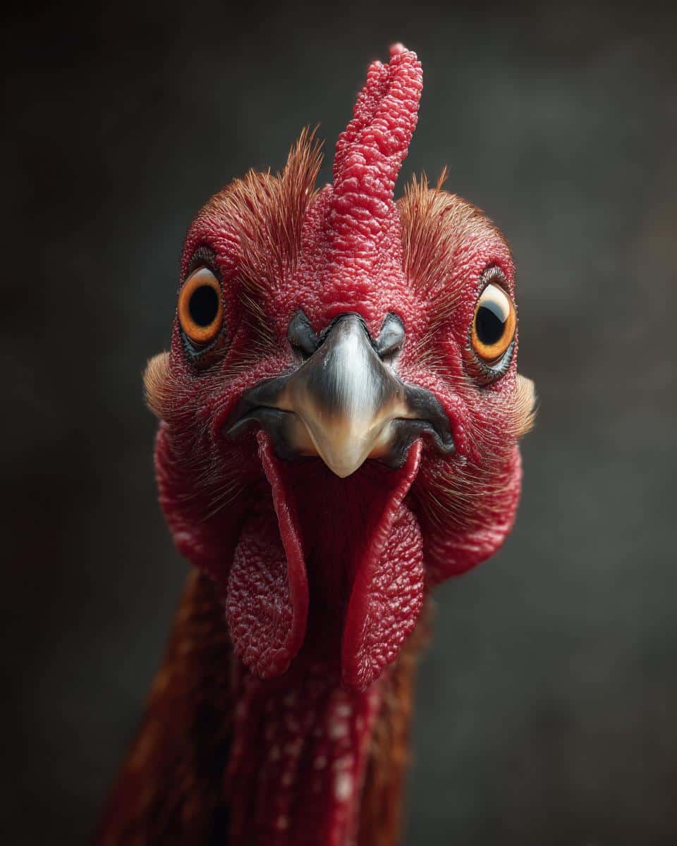 Detailed close-up of a chicken's face, relevant to a chicken pineapple recipe article.