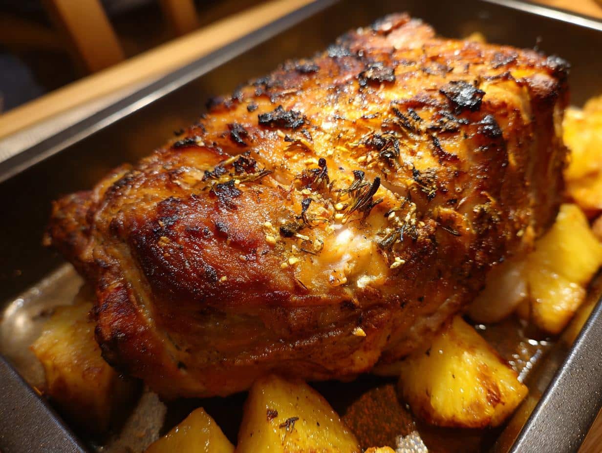 Close-up of baked chicken pineapple recipe with herbs in a baking pan.