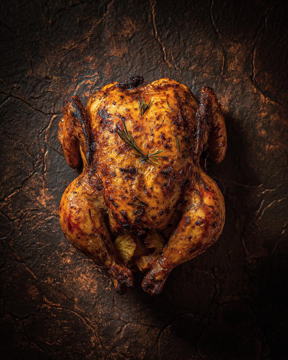 Overhead view of a roasted chicken with pineapple, ready for a Chicken Pineapple Recipe.