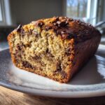 A slice of homemade Chocolate Chip Banana Bread on a plate, showing chocolate chips and moist texture.