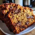 A close-up of a slice of moist Chocolate Chip Banana Bread, showcasing the chocolate chips and texture.