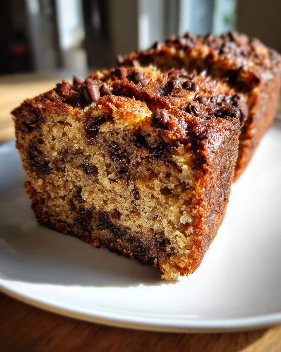 A close-up of a slice of homemade Chocolate Chip Banana Bread on a white plate.