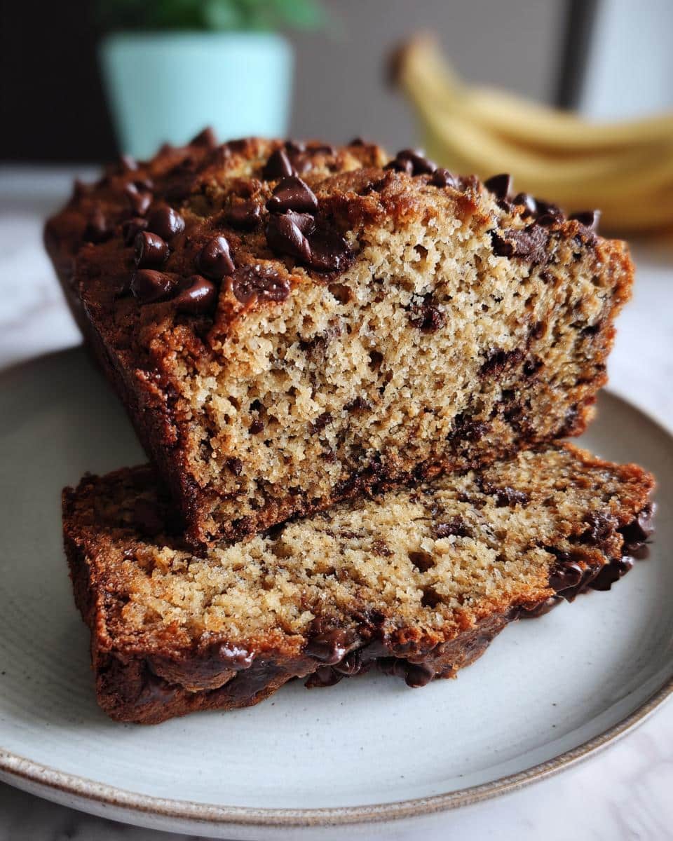 A slice of homemade Chocolate Chip Banana Bread on a plate, topped with chocolate chips and ready to eat.