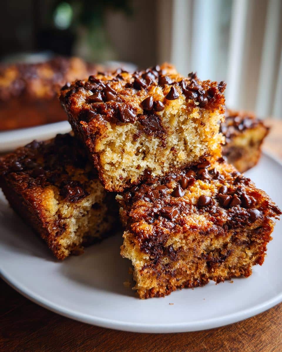 Three slices of Chocolate Chip Banana Bread stacked on a plate, showing the moist crumb and chocolate chips.