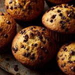 Overhead view of several freshly baked chocolate chip muffins on a metal baking sheet.