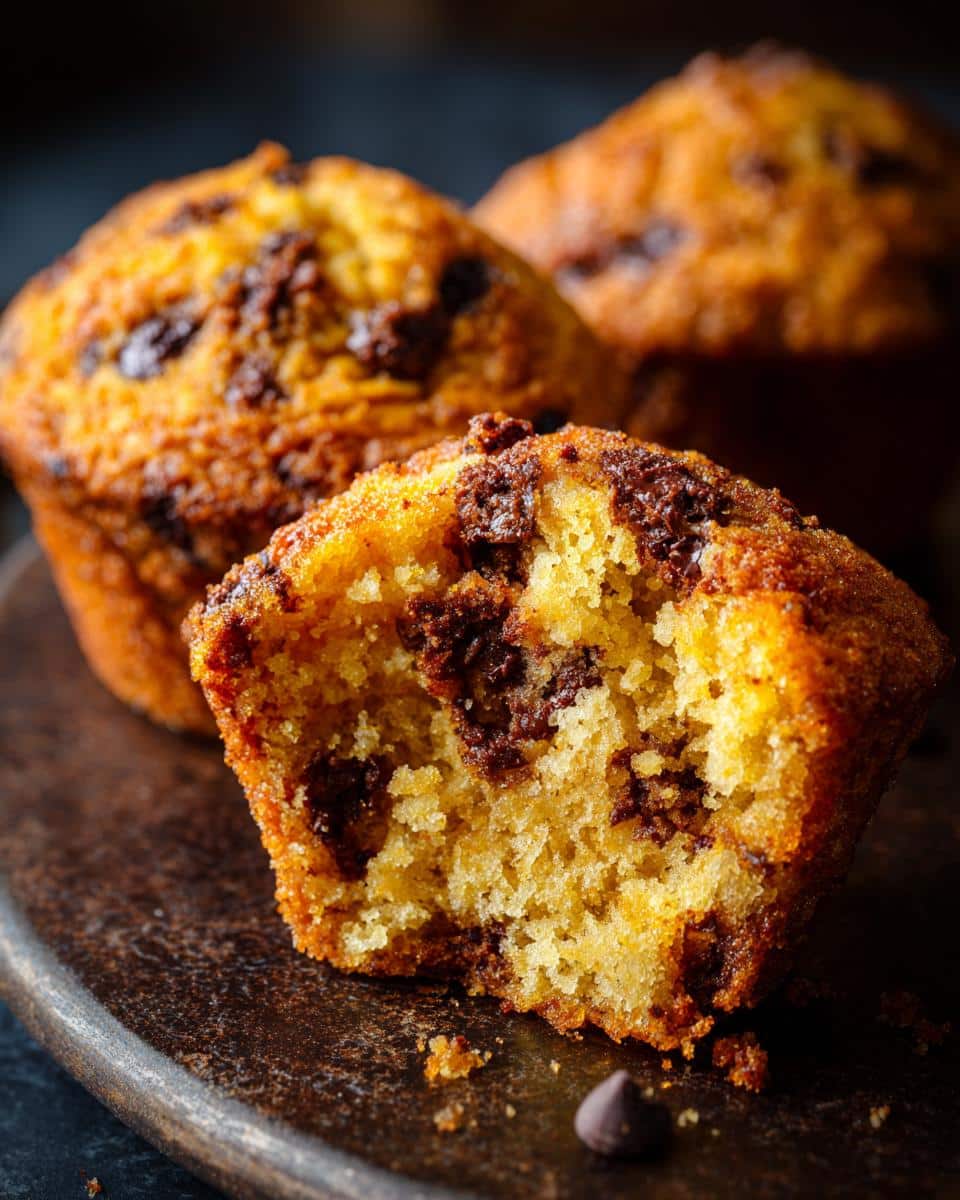 Close-up of chocolate chip muffins, one with a bite taken out to show the texture and chocolate chips inside.