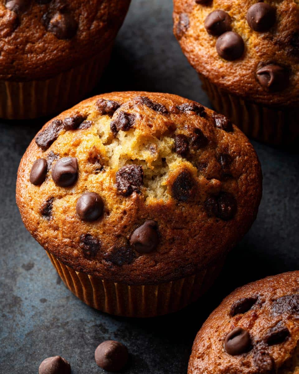 A close-up of freshly baked chocolate chip muffins, showcasing their golden-brown tops and melted chocolate chips.