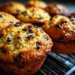 Close-up of golden brown chocolate chip muffins cooling on a wire rack, showcasing their texture and chocolate chips.