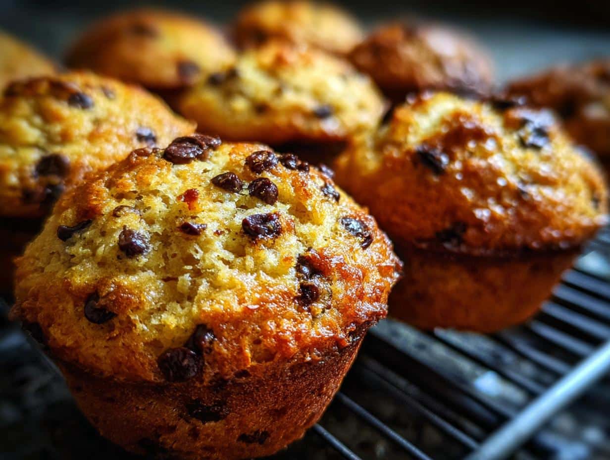 Close-up of golden brown chocolate chip muffins cooling on a wire rack, showcasing their texture and chocolate chips.