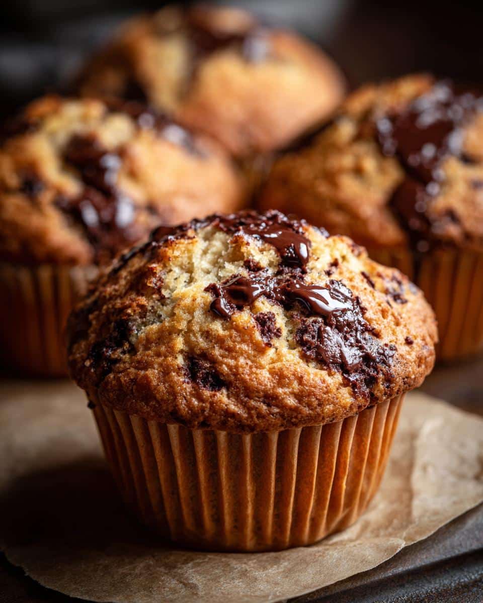 Close-up of homemade chocolate chip muffins with melted chocolate on top.
