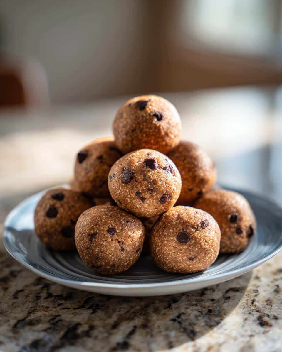 A stack of homemade protein balls with chocolate chips on a blue plate. Ready to eat protein balls.