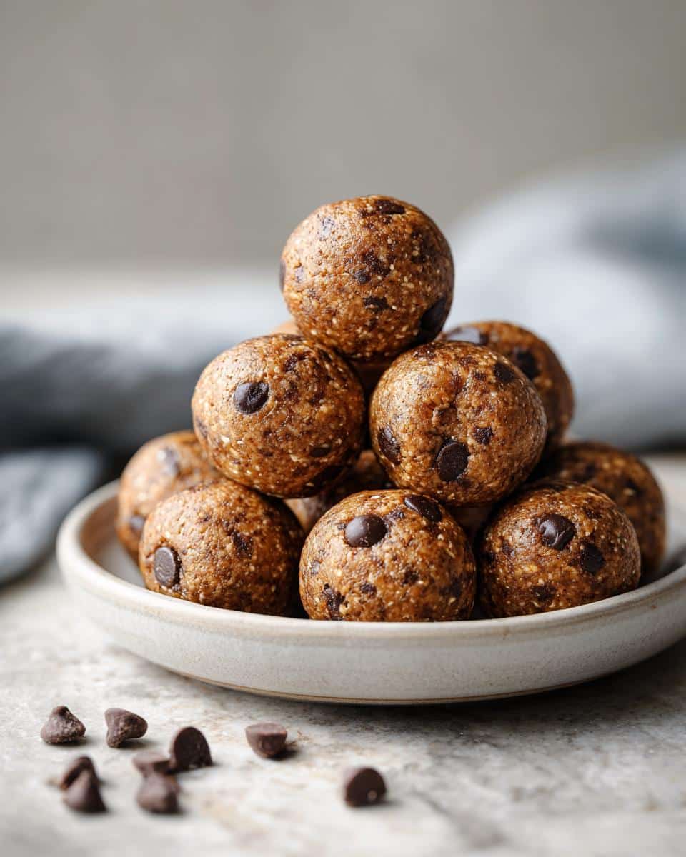 A stack of homemade protein balls with chocolate chips on a small plate. Perfect for a quick and healthy snack.
