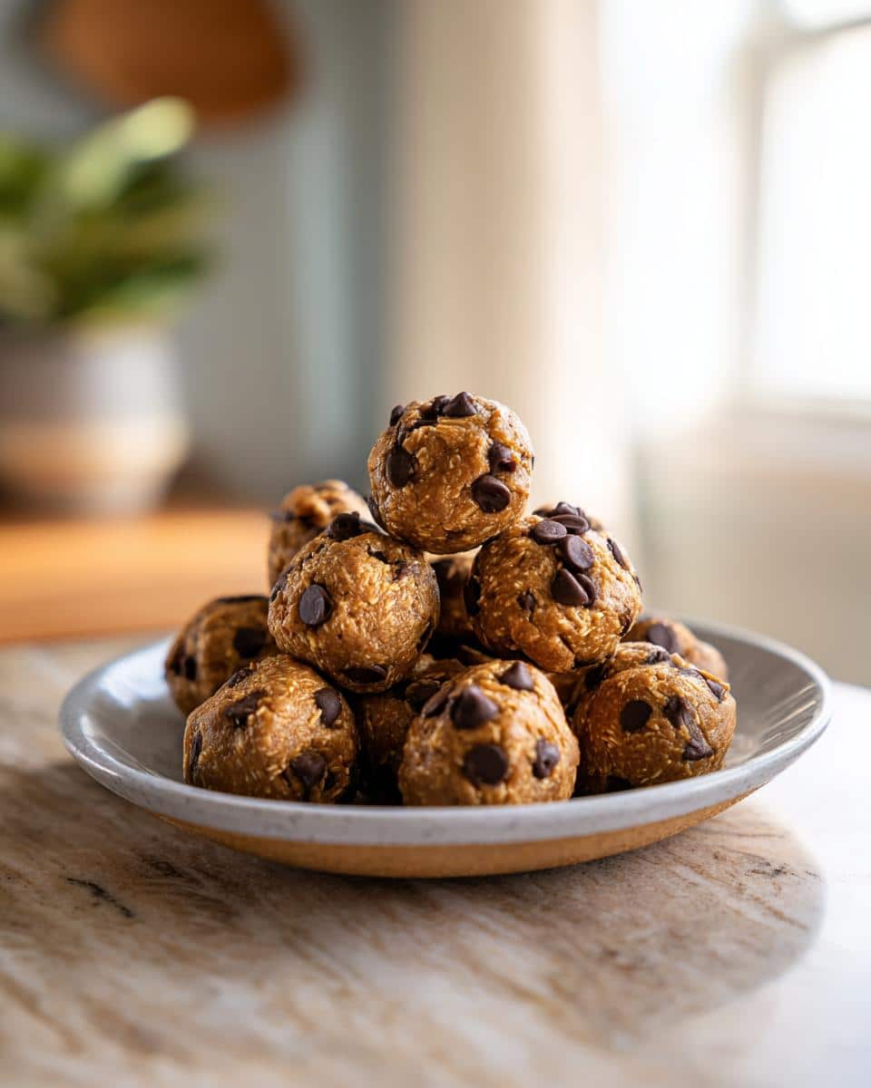 A plate of homemade protein balls with chocolate chips, stacked on a plate, ready to eat.