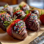 Close-up of chocolate covered strawberries decorated with colorful sprinkles and chocolate drizzle.