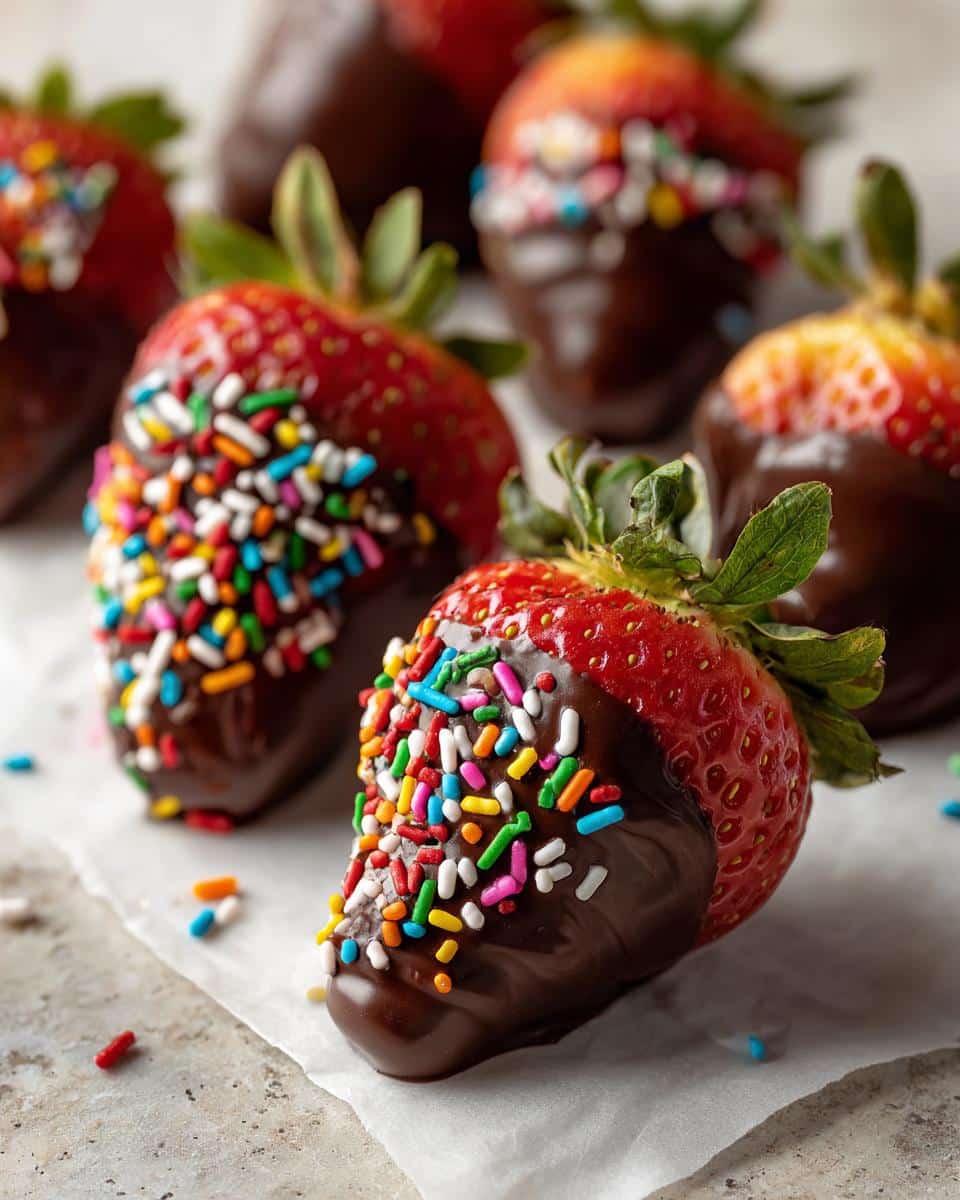 Close-up of chocolate covered strawberries decorated with colorful sprinkles, ready to eat.