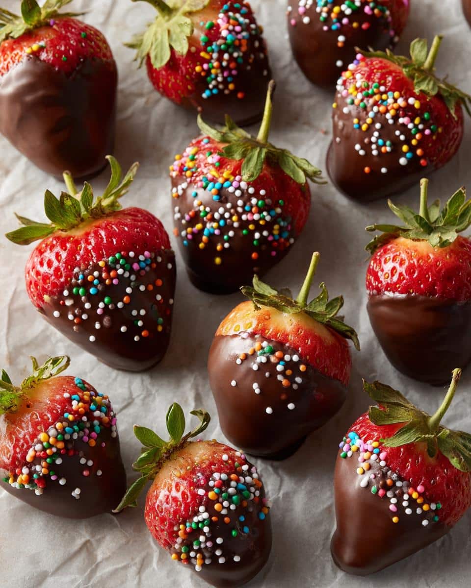 Overhead shot of several chocolate covered strawberries, some decorated with colorful sprinkles.