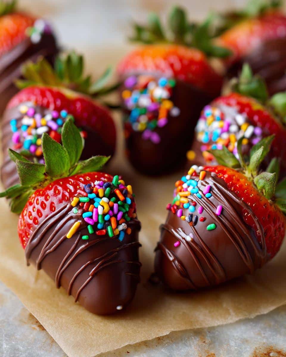 Close-up of chocolate covered strawberries decorated with colorful sprinkles and chocolate drizzle.