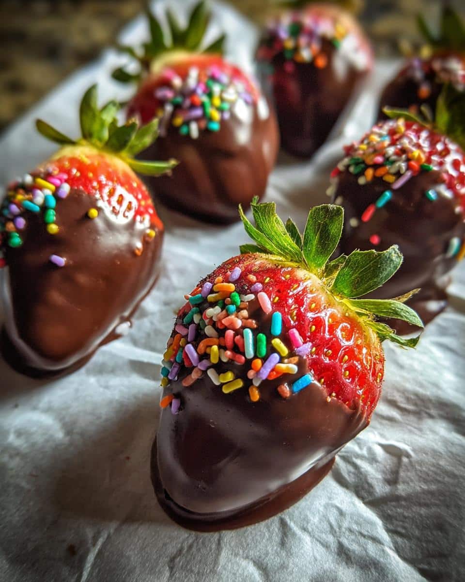 Close-up of chocolate covered strawberries decorated with colorful sprinkles, ready to eat.